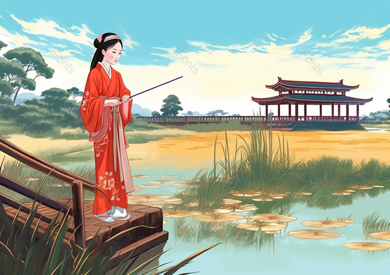 中国国潮国风中式古风汉服少女水边插画,插画/手绘图,插画/手绘图库,插画/手绘图下载,插画/手绘